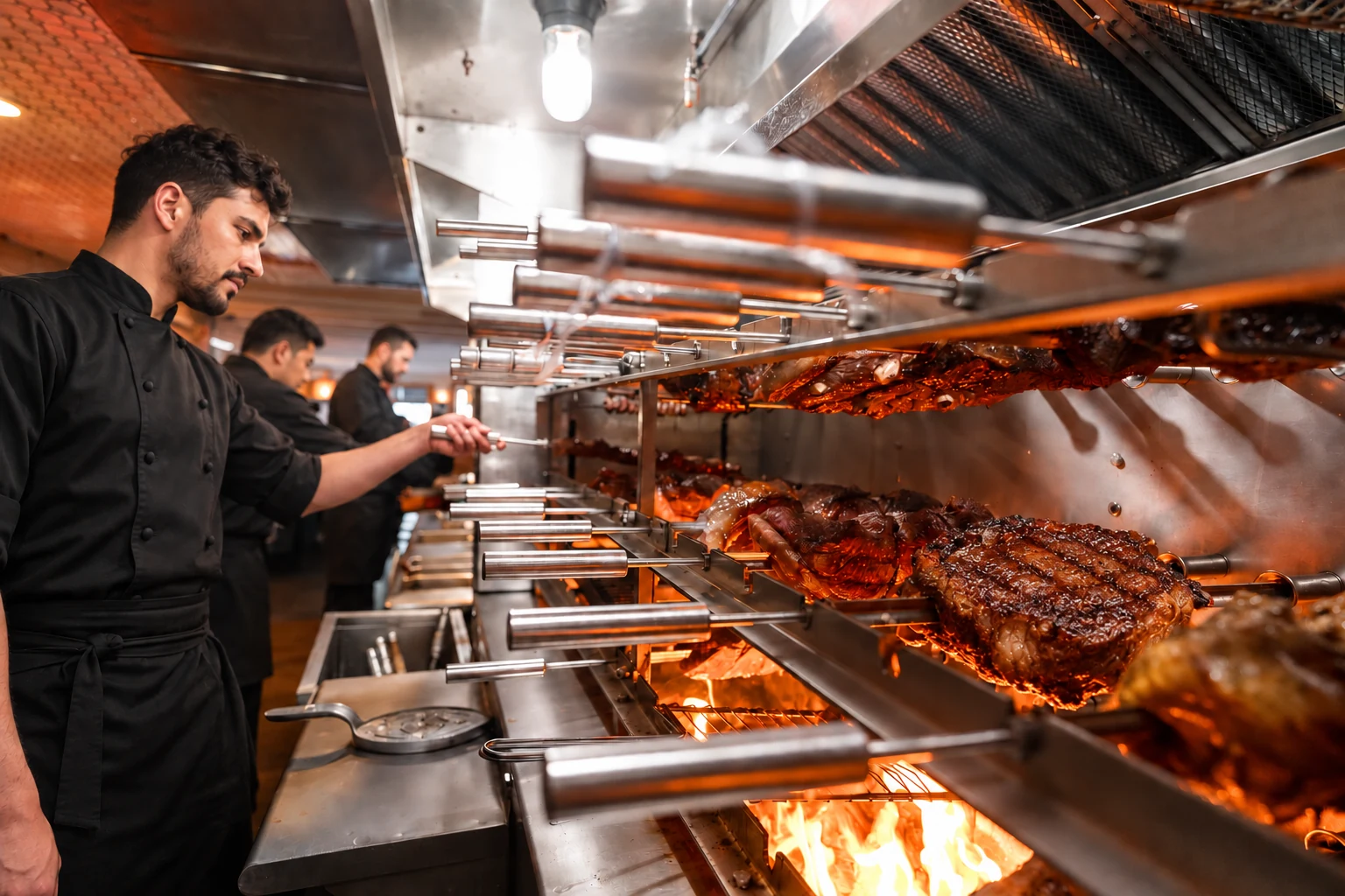 Chefs tending skewers over Churasuko's open-fire churrasco grill