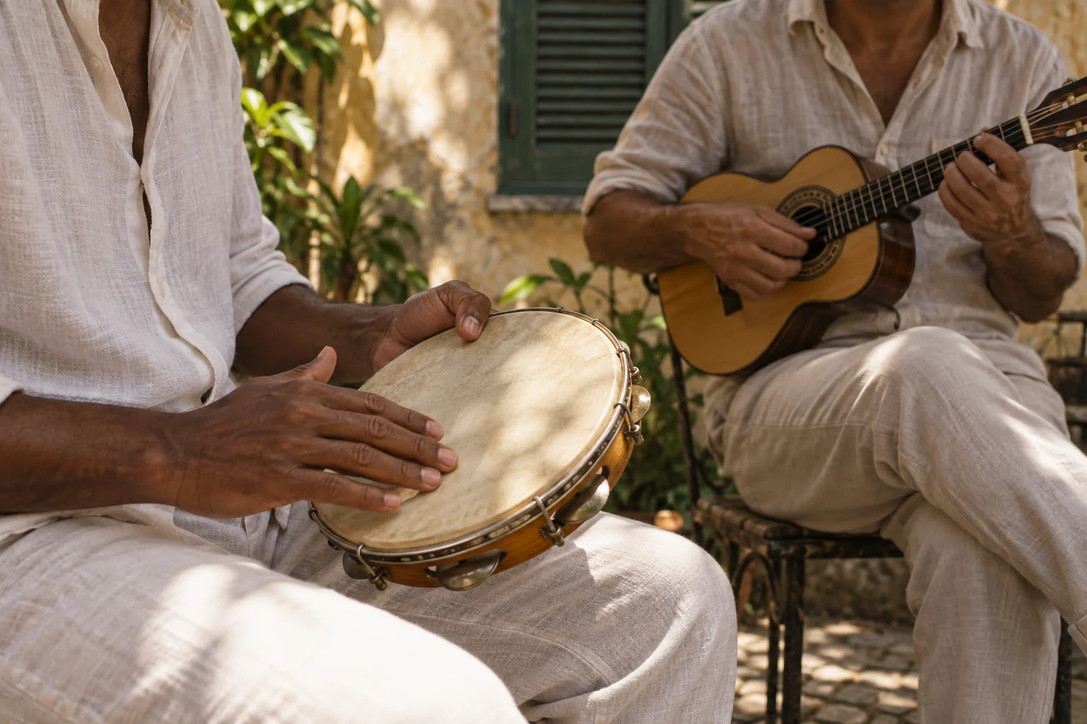 AI-created Brazilian courtyard scene with musicians playing pandeiro and cavaquinho